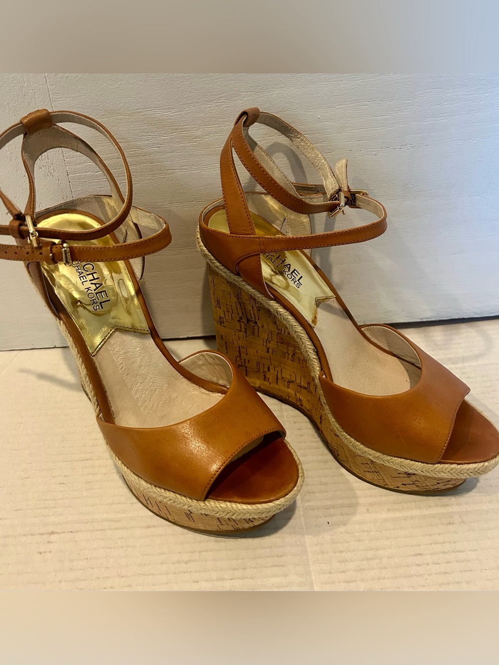 Michael Kors Cognac Leather Cork Espadrille Wedges